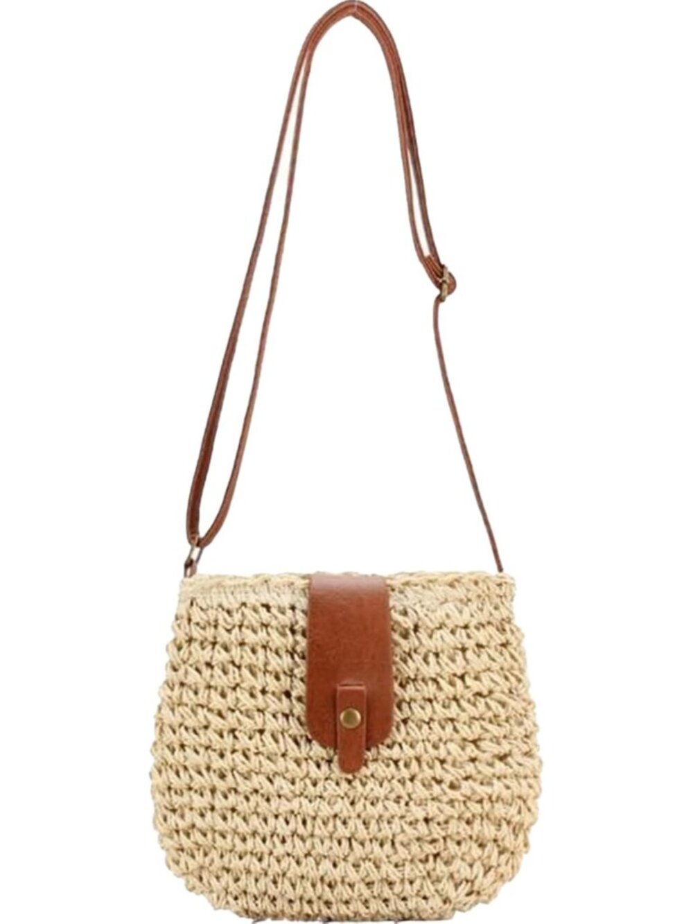 Natural Woven Crossbody Bag with Brown Leather Strap